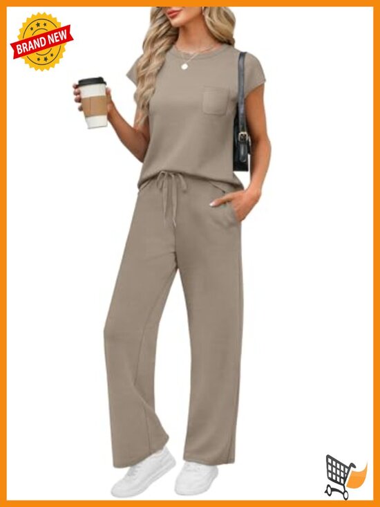 Pants - Lightweight Cap Sleeve Lounge Set with Pockets 2 Piece Travel Outfit